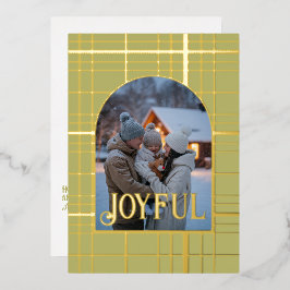 Olive Green & Gold Gingham Kerstvakantie Foto Folie Feestdagenkaart