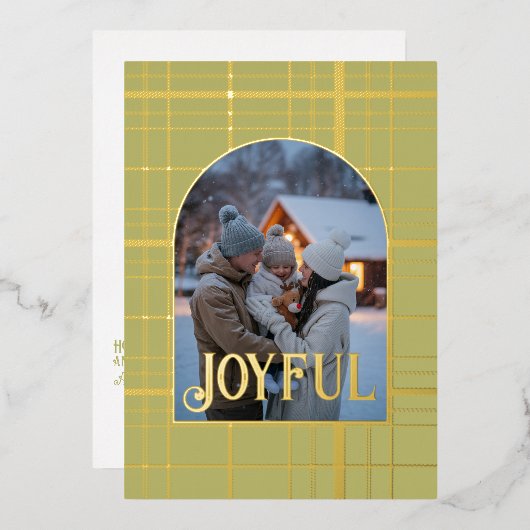 Olive Green & Gold Gingham Kerstvakantie Foto Folie Feestdagenkaart (Voorkant / Achterkant)