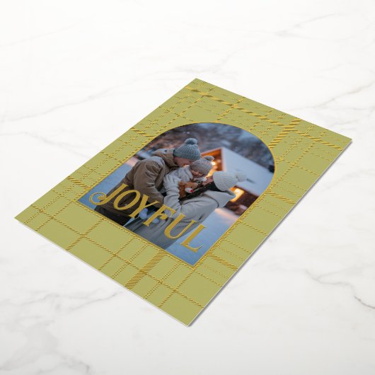 Olive Green & Gold Gingham Kerstvakantie Foto Folie Feestdagenkaart (Gedraaid)