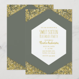 Olive Green Gold Glitter Flakes Glam Sweet 16 Kaart