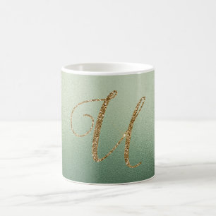 Olive Green Gold Glitter Letter U Koffiemok