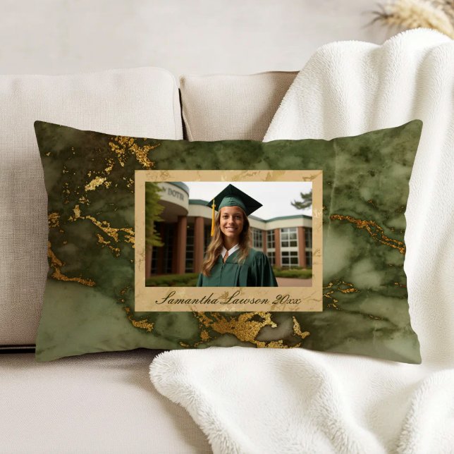 Olive Green Gold Marble Custom Graduation Photo Accent Kussen (Creator heeft geüpload)