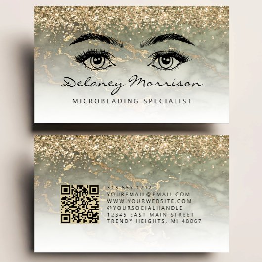 Olive Green Gold Marble Eyes QR Code Microblading Visitekaartje