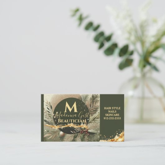 Olive Green Gold Monogram Beauticien Professioneel Visitekaartje (Staand voorkant)