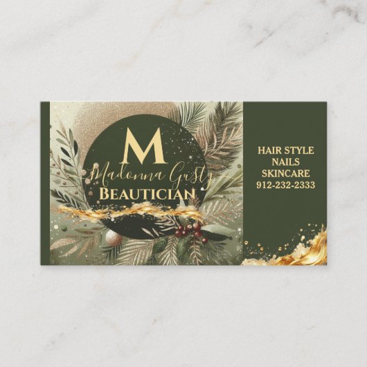 Olive Green Gold Monogram Beauticien Professioneel Visitekaartje (Voorkant)