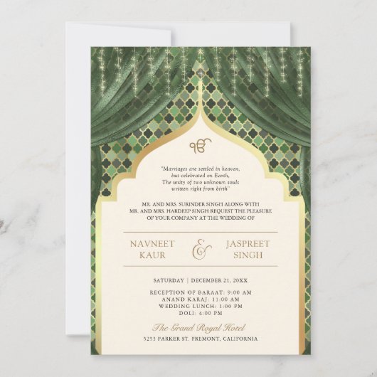 Olive Green Gold Quatrefoil QR Code Sikh Wedding Kaart (Voorkant)
