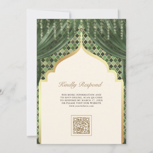 Olive Green Gold Quatrefoil QR Code Sikh Wedding Kaart (Achterkant)