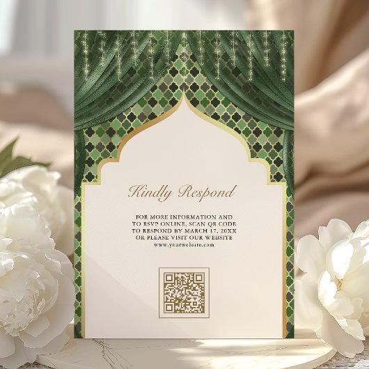 Olive Green Gold Quatrefoil QR Code Sikh Wedding Kaart