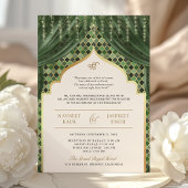 Olive Green Gold Quatrefoil QR Code Sikh Wedding Kaart