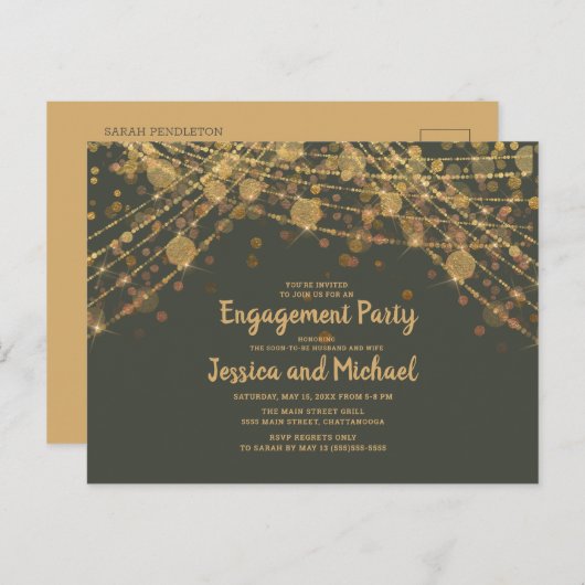 Olive Green Gold String Lights Engagement Party Briefkaart (Voorkant / Achterkant)