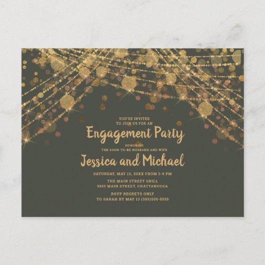 Olive Green Gold String Lights Engagement Party Briefkaart (Voorkant)