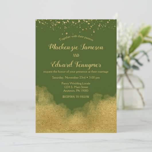 Olive Green Gold Wedding Invitation Elegant Kaart (Staand voorkant)