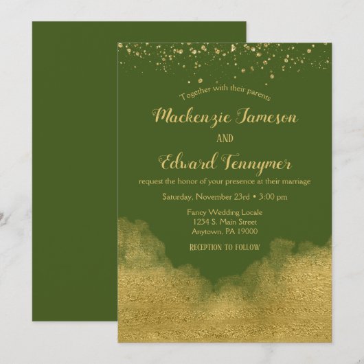 Olive Green Gold Wedding Invitation Elegant Kaart (Voorkant / Achterkant)