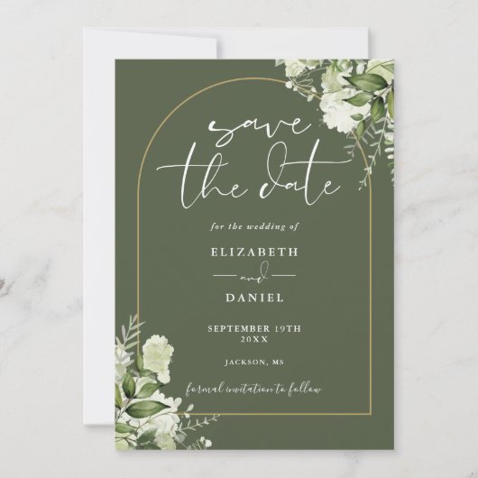Olive Green Greenery Floral Gold Arch Wedding Save The Date (Voorkant)