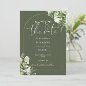 Olive Green Greenery Floral Gold Arch Wedding Save The Date (Staand voorkant)