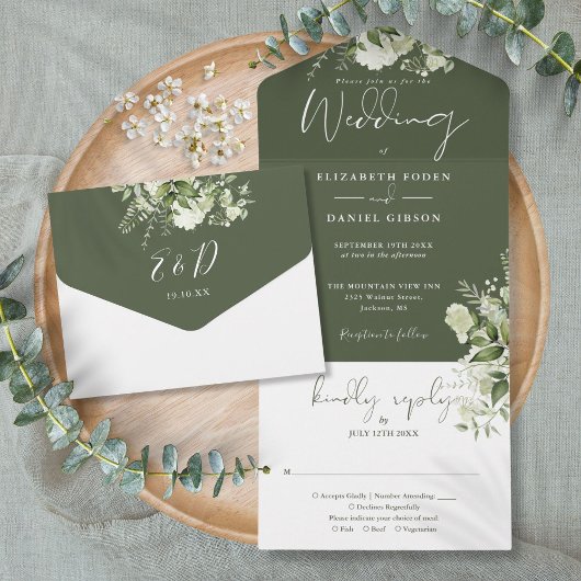Olive Green Greenery Floral Monogram Wedding All In One Uitnodiging