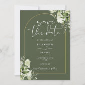 Olive Green Greenery Gold Arch QR Code Huwelijk Save The Date (Voorkant)