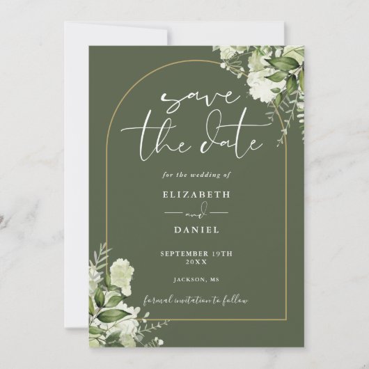 Olive Green Greenery Gold Arch QR Code Huwelijk Save The Date (Voorkant)