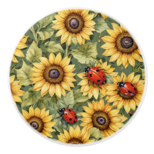 Olive Green Greenery Zonnebloem Lady Bug Garden Ze Keramische Knop (Voorkant)