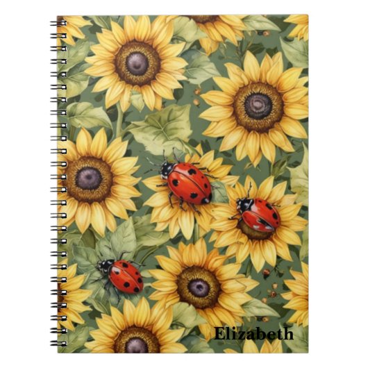 Olive Green Greenery Zonnebloem Lady Bug Garden Ze Notitieboek (Voorkant)