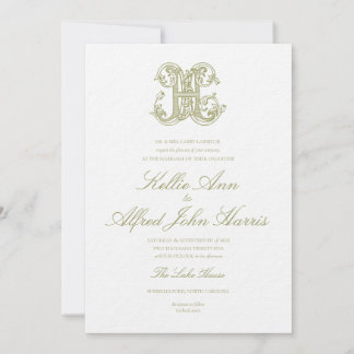 Olive Green "H" Monogram Wedding Invitation Kaart