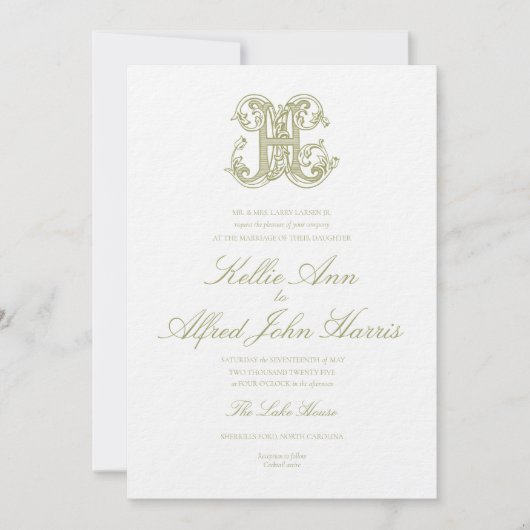 Olive Green "H" Monogram Wedding Invitation Kaart (Voorkant)
