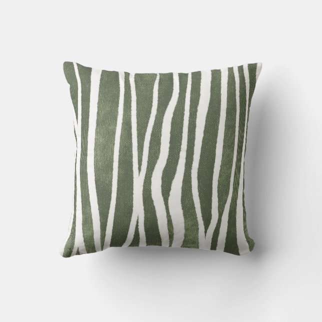 Olive Green Hand-Drawn Organic Wobbly Stripes Kussen (Achterkant)
