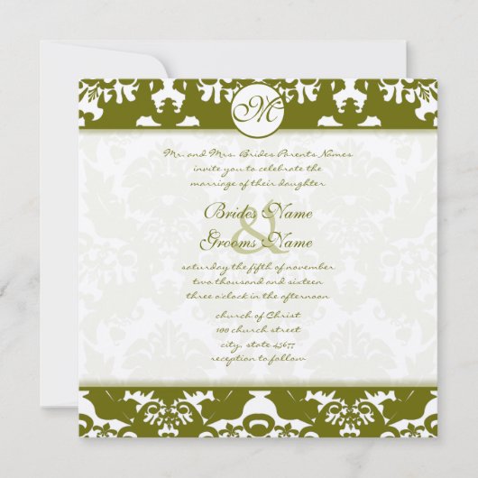 Olive Green Heart Damask Wedding Invitation Kaart (Voorkant)