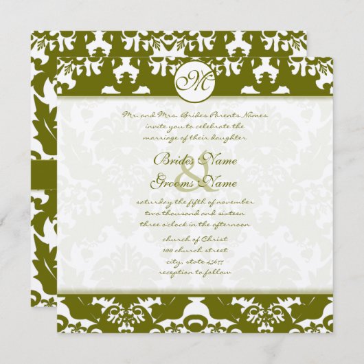 Olive Green Heart Damask Wedding Invitation Kaart (Voorkant / Achterkant)