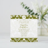 Olive Green Heart Damask Wedding Invitation Kaart (Staand voorkant)