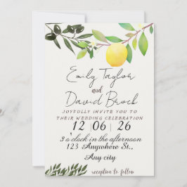 olive green leaf branch and Lemon wedding Kaart