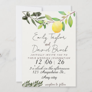 olive green leaf branch and Lemon wedding Kaart