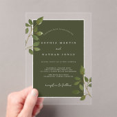 Olive Green Leaf Modern Clear Minimalist Wedding Acryl Uitnodigingen (Insitu (Draagbaar))
