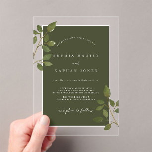 Olive Green Leaf Modern Clear Minimalist Wedding Acryl Uitnodigingen