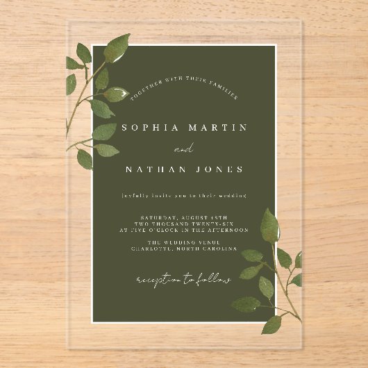 Olive Green Leaf Modern Clear Minimalist Wedding Acryl Uitnodigingen (Voorkant)