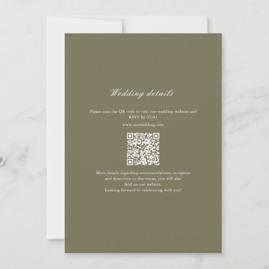 Olive Green Leaf Monogram QR Code Wedding Kaart (Achterkant)