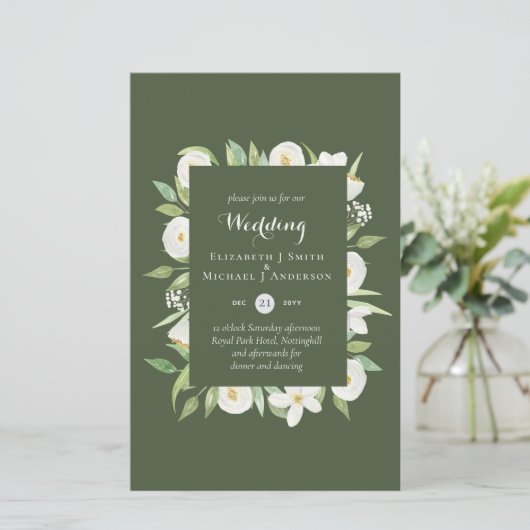 Olive Green Magnolia Budget Wedding nodigt A9 uit (Staand voorkant)