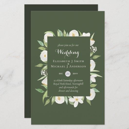 Olive Green Magnolia Budget Wedding nodigt A9 uit (Voorkant / Achterkant)