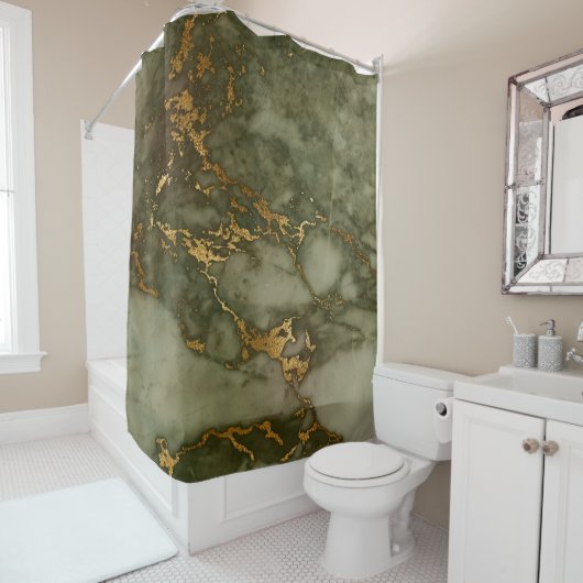 Olive Green Marble Faux Gold Foil Douchegordijn (In situ)