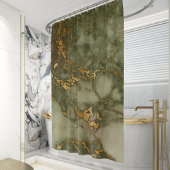 Olive Green Marble Faux Gold Foil Douchegordijn