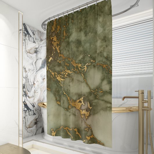 Olive Green Marble Faux Gold Foil Douchegordijn