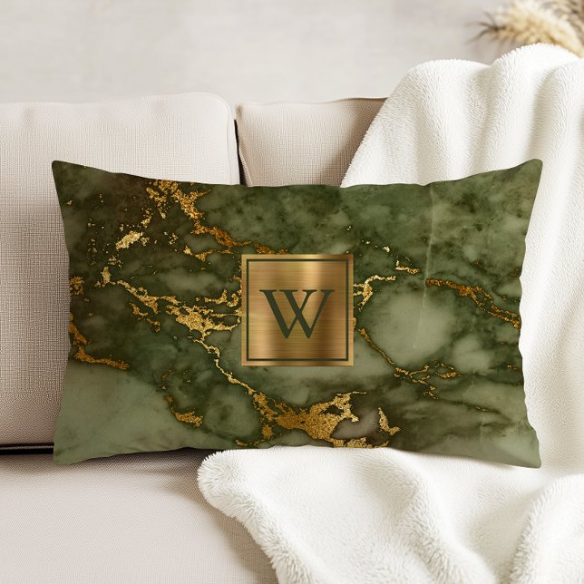 Olive Green Marble Faux Gold Foil Monogram Accent Kussen (Creator heeft geüpload)