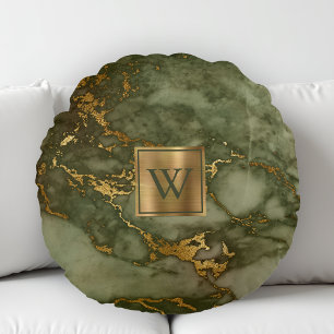 Olive Green Marble Faux Gold Foil Monogram Rond Kussen