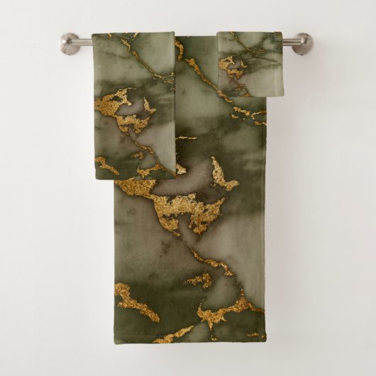 Olive Green Marble Gold Faux Folie Bad Handdoek (Insitu)