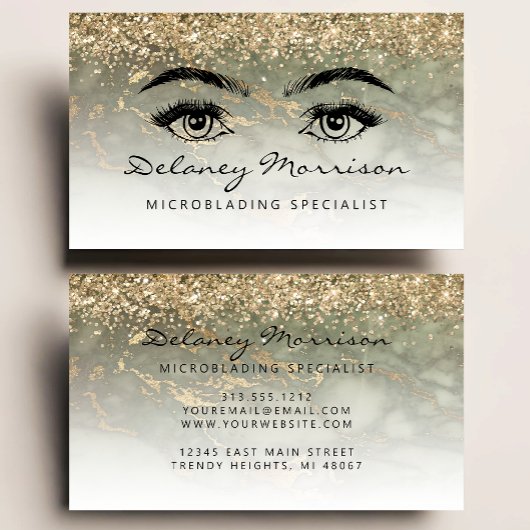 Olive Green Marble Gold Glitter Eyes Microblading Visitekaartje