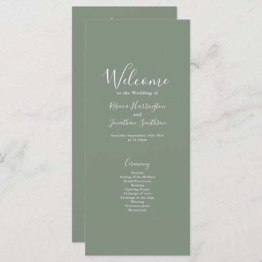 Olive Green Minimal Modern Wedding Program Kaart (Voorkant / Achterkant)