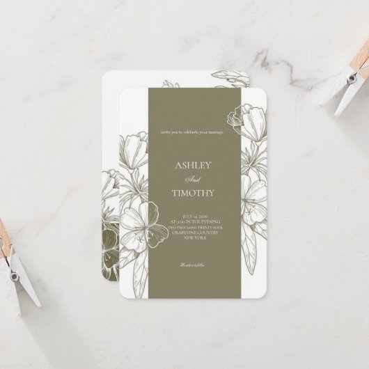 Olive Green Minimalist Floral Wedding Invitation Kaart (Voorkant / Achterkant in situ)