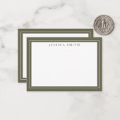 Olive Green Minimalist Monogram Line Border Notitiekaartje (Voorkant / Achterkant in situ)