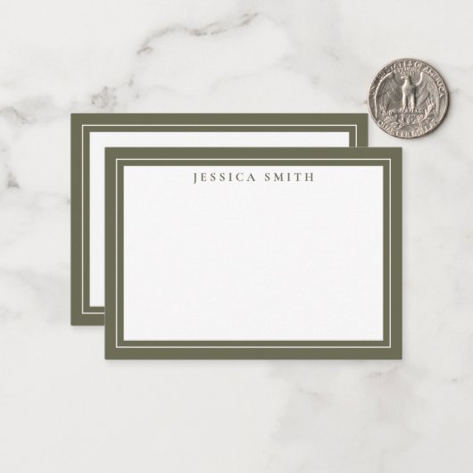 Olive Green Minimalist Monogram Line Border Notitiekaartje (Voorkant / Achterkant in situ)