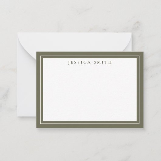Olive Green Minimalist Monogram Line Border Notitiekaartje (Voorkant)